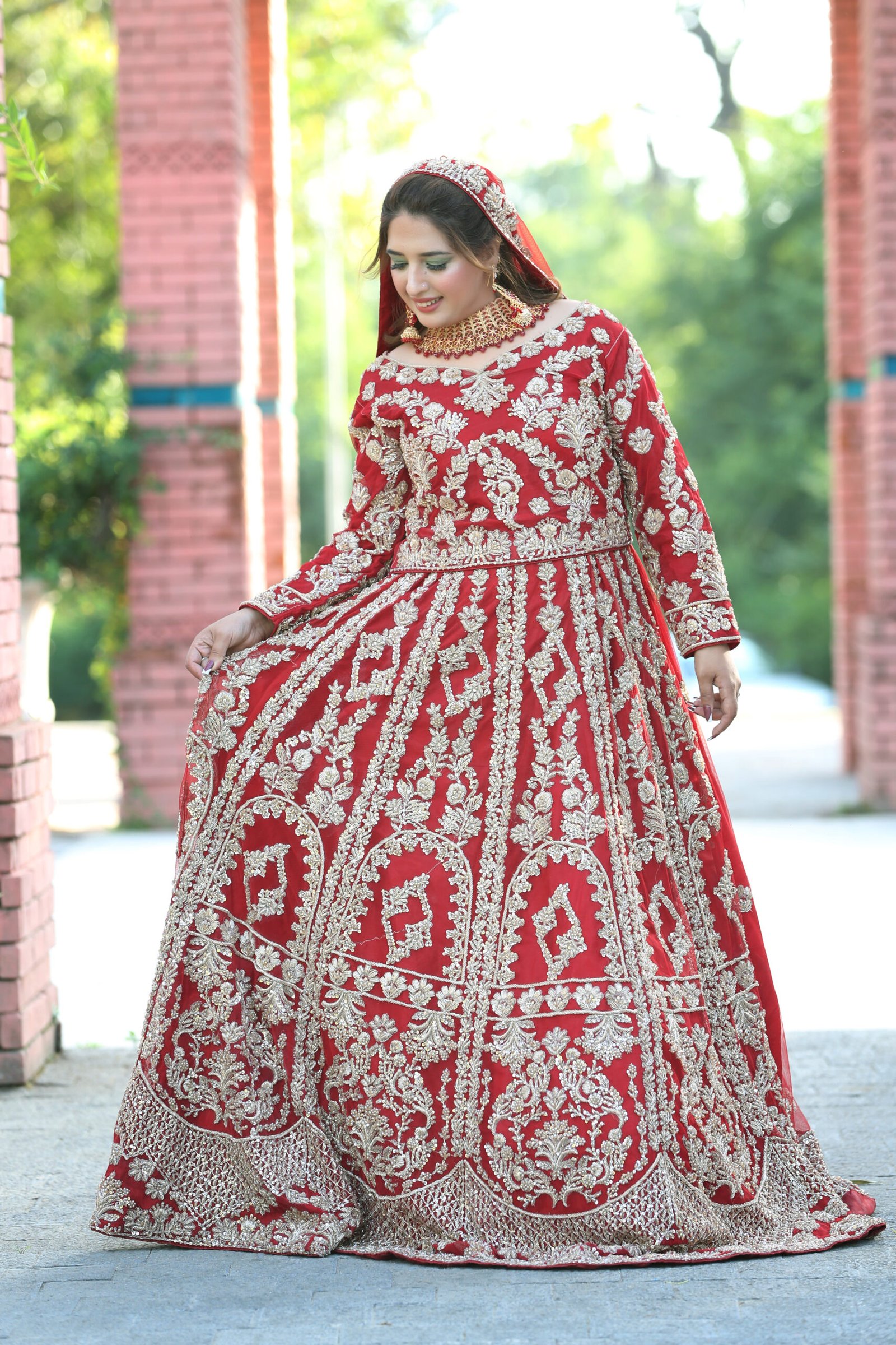 Golden Kora Dabka Hand Embroidered Red Bridal Net Lehenga - Image 2
