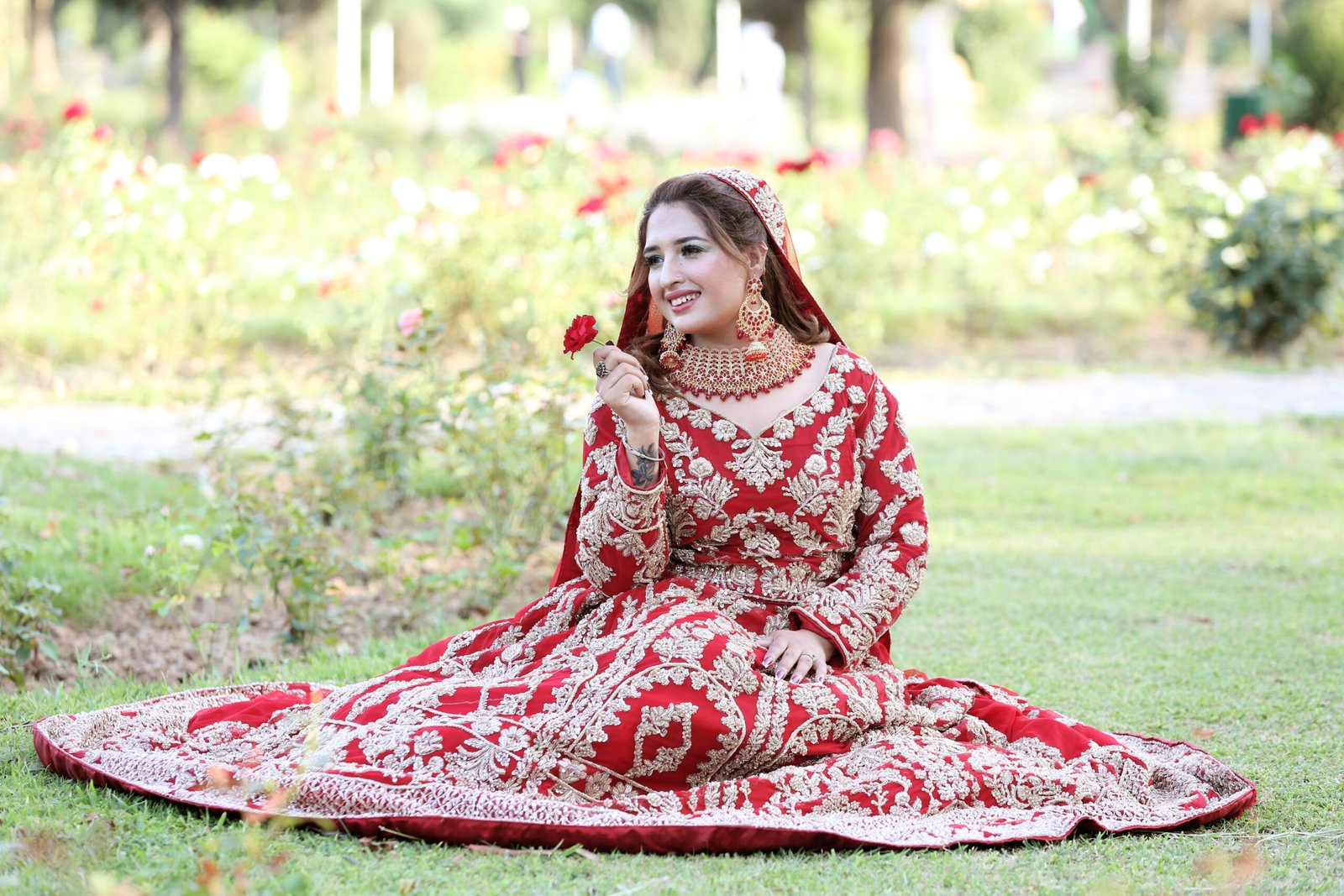 Golden Kora Dabka Hand Embroidered Red Bridal Net Lehenga - Image 5